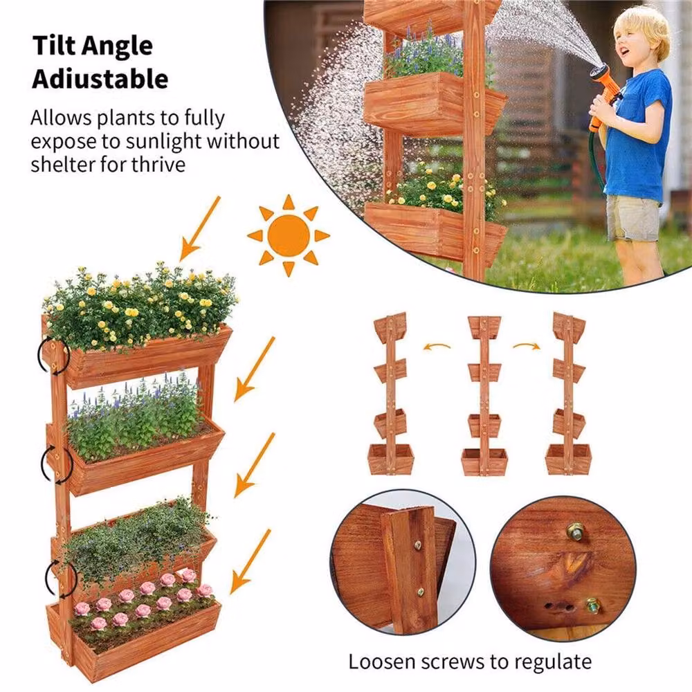 Kelvenix 4-Tier Wooden Raised Garden Bed Vertical Planter Box in Brown, W/D/H: 141 x 65 x 42 cm – 4