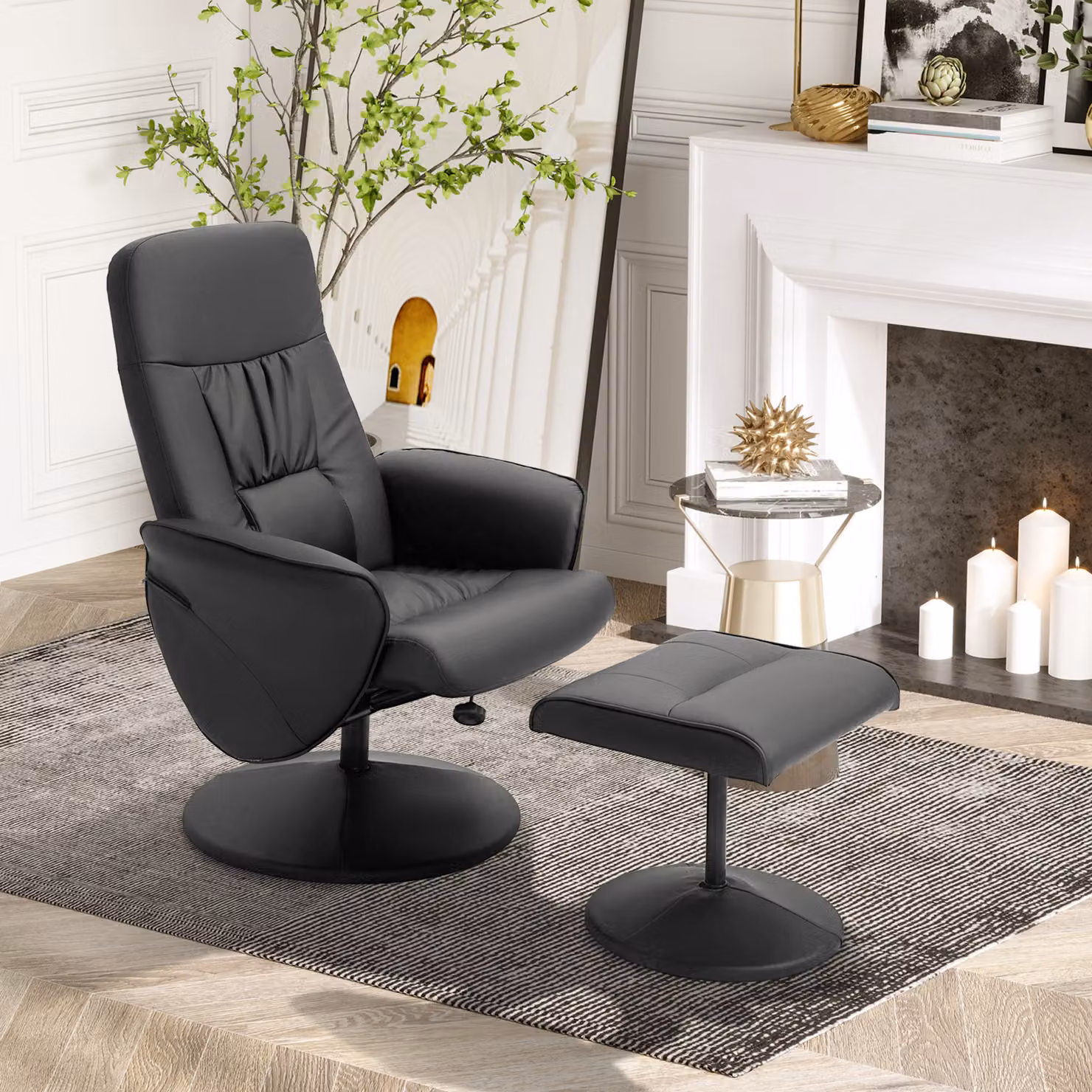 HOMCOM Executive High Back Recliner Chair with Footstool in Black PU Leather – 2