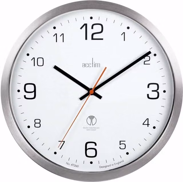 Acctim Atomik Radio Controlled Silent Analog Wall Clock in Metallic Silver with Brushed Metal Case, Diameter: 30 cm