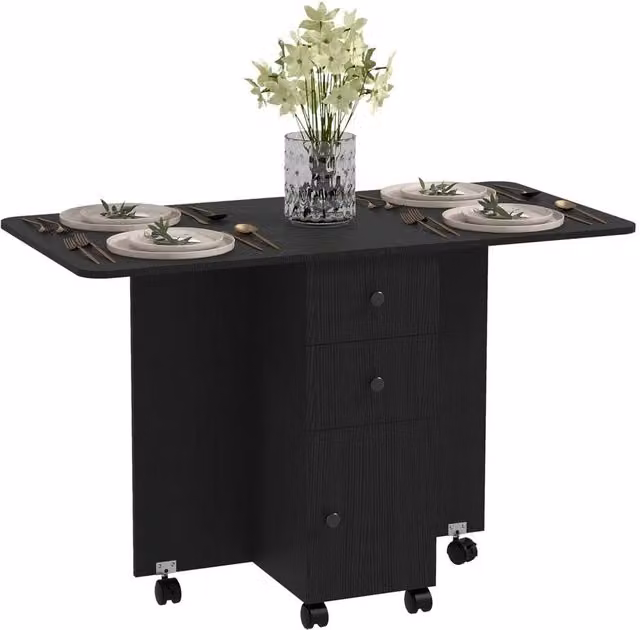 Nordara Black Modern Folding Dining Table with Drop Leaf and Castors, W/D/H: 120 x 60 x 76.5 cm