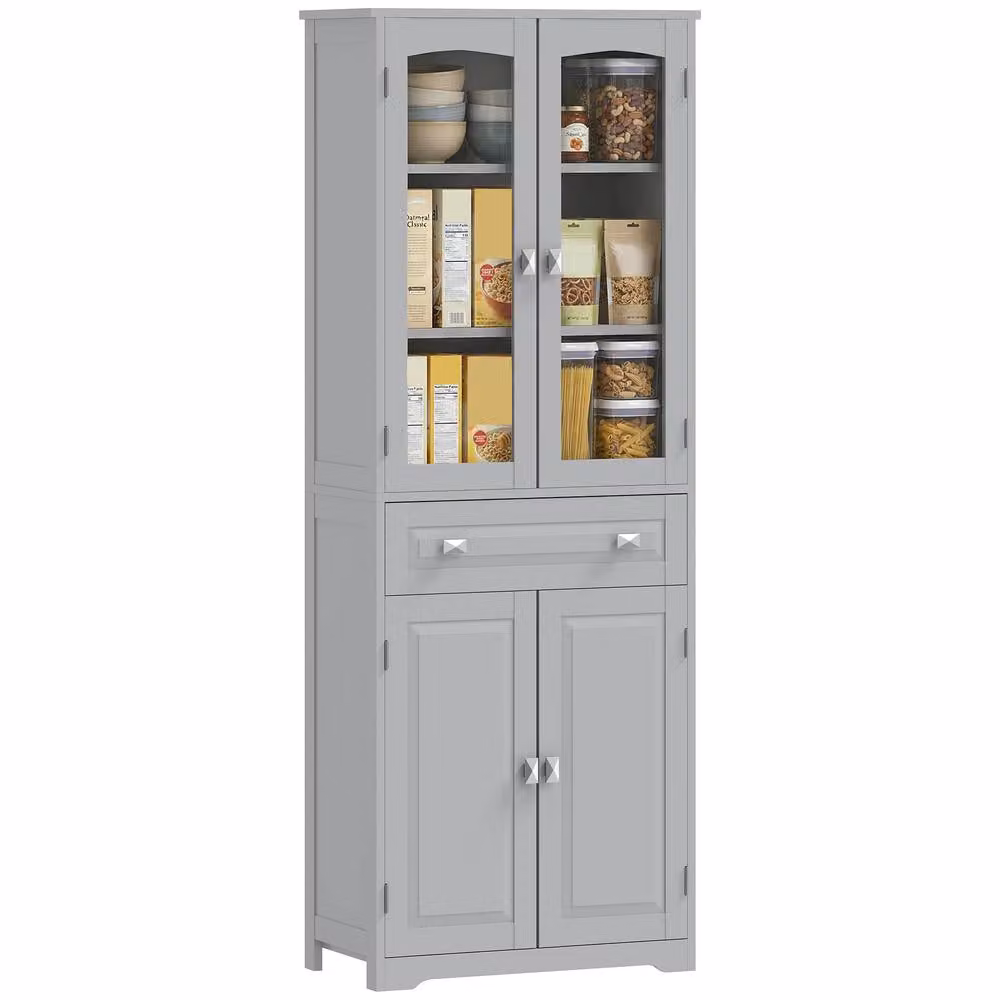 HOMCOM Modern Tall Kitchen Cupboard with Glass Doors and Internal Shelves, Grey, H 160 x W 60 x D 30 cm – 2