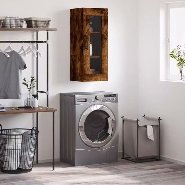 Berkfield Home Wall Mounted Smoked Oak Cabinet with Glass Doors in Brown W/D/H: 34.5 x 34 x 90 cm – 1