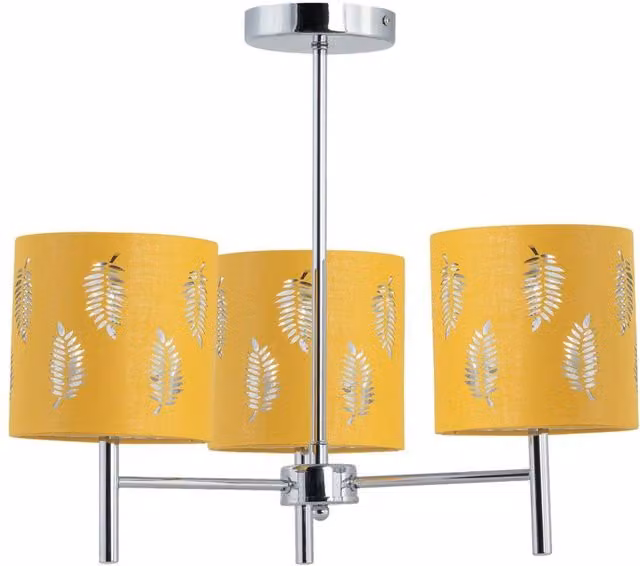 First Choice Lighting Brea Chrome 3 Light Ceiling Fitting with Ochre Fabric Shades