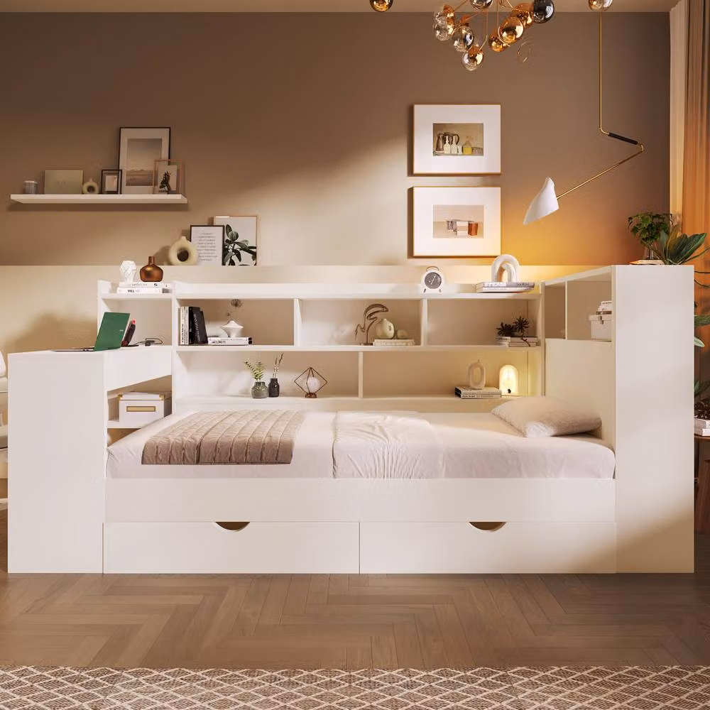 Merax White Solid Wood Daybed with Desk Storage, Drawers and USB Charging Port, 90 x 200 cm – 4