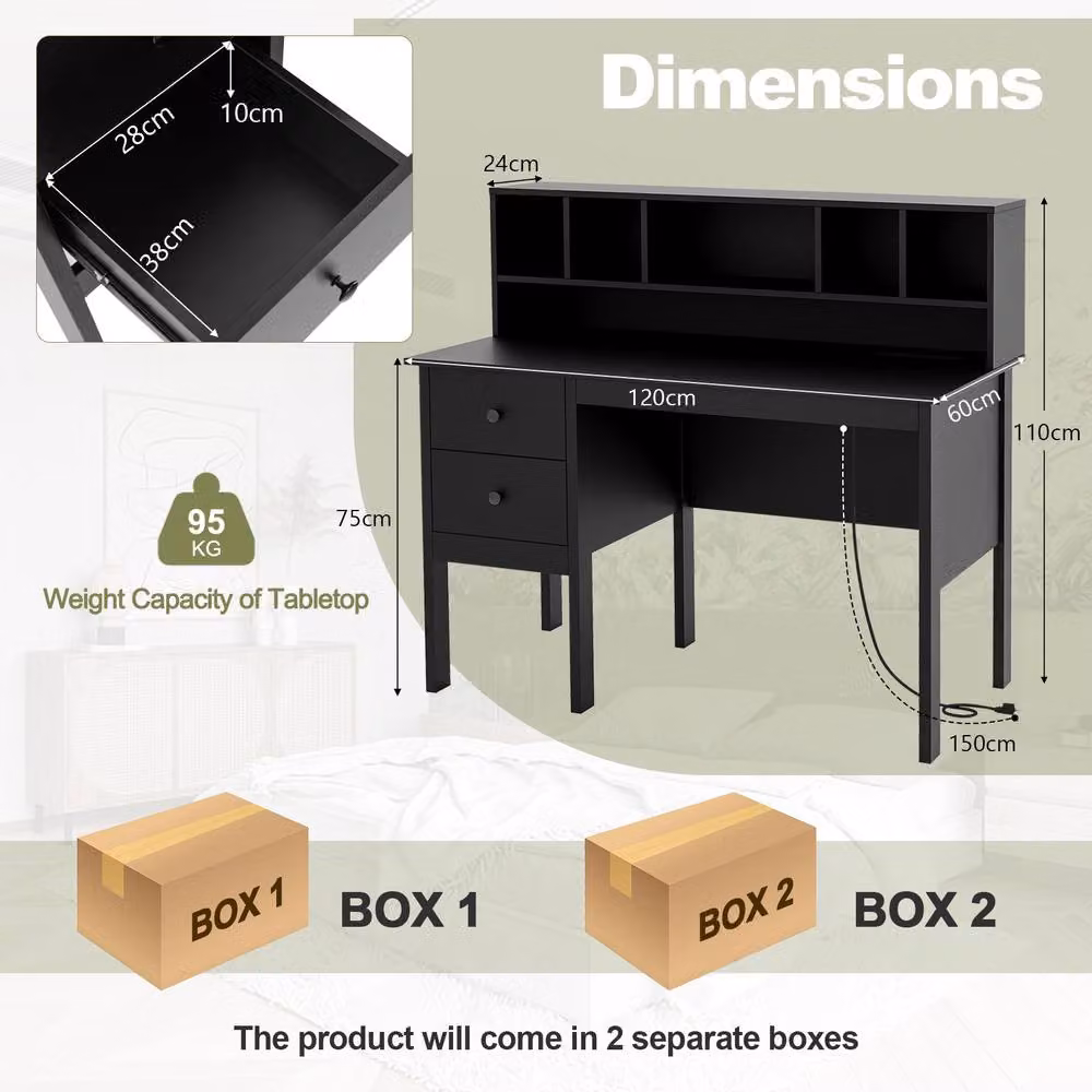 Costway Black Computer Desk with Power Outlets and Drawers, 120 cm Width – 2