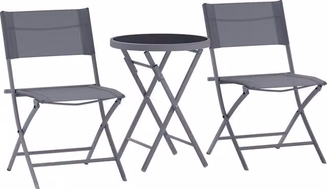 Outsunny 3 Piece Outdoor Bistro Set with Round Glass Top Table and 2 Folding Chairs in Grey – 1