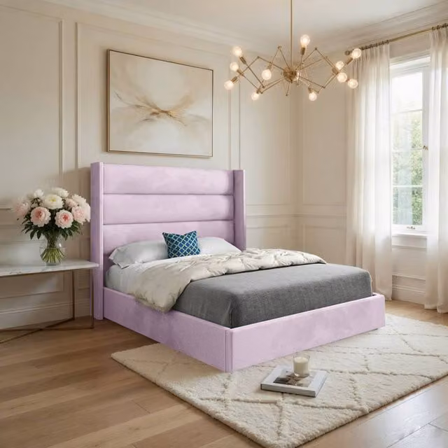 KDMD Yeovil Winged Upholstered Designer Bed Frame in Pink Soft Velvet, W/D/H: 180 x 137 x 159 cm – 1