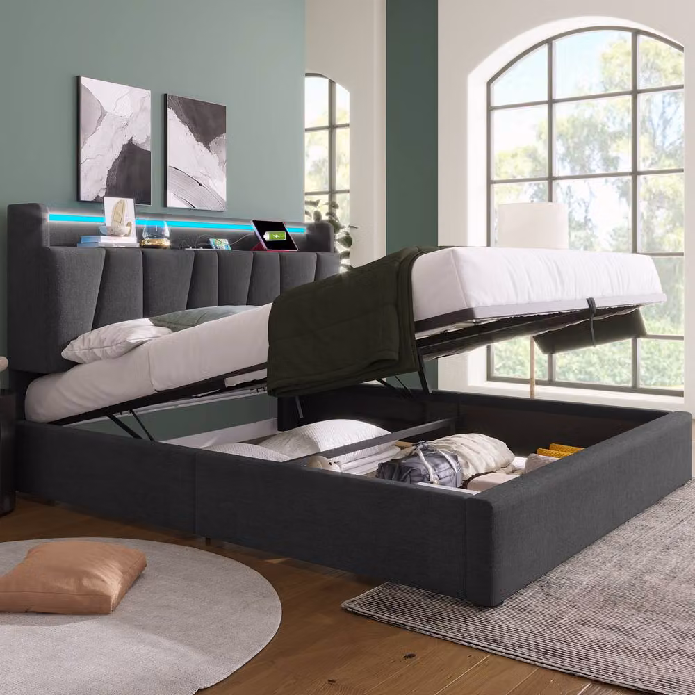 BTM Grey Fabric Double Bed with USB Charging, LED Headboard and Side Storage Compartments W/D/H: 140 x 200 x 135 cm – 3