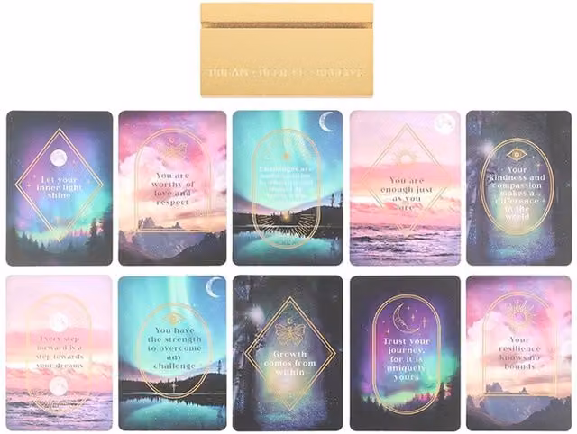 KDMK Ethereal Affirmation Cards Set with Wooden Stand in Multicolor and Yellow