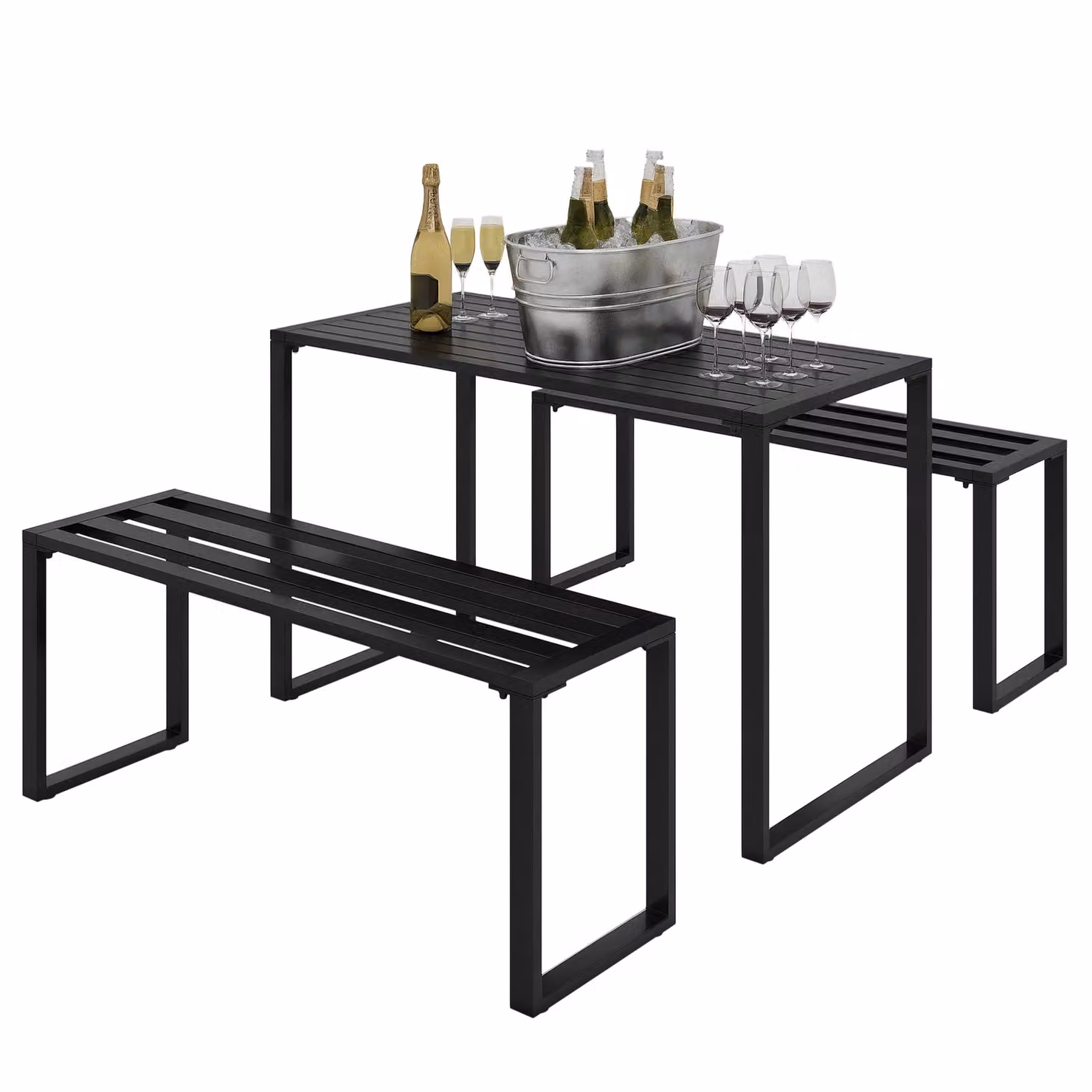 OUTSUNNY 3-Piece Metal Outdoor Dining Set with Beer Table and Benches in Matt Black – 2