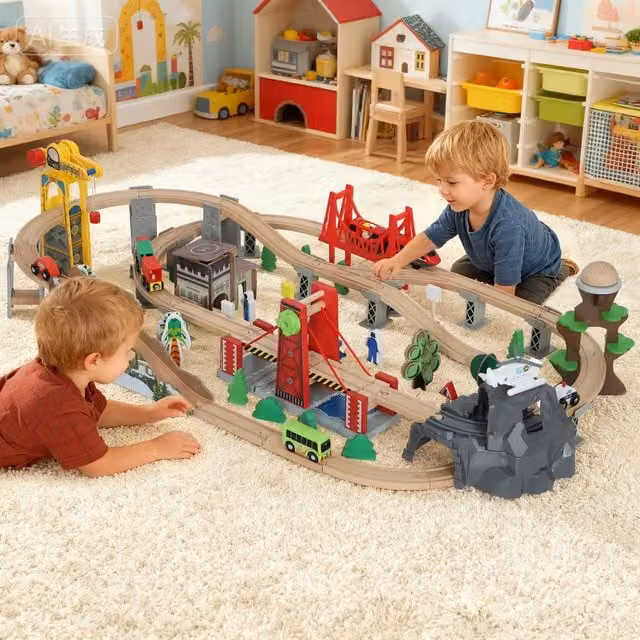 AIYAPLAY 100 Piece Wooden Push Train Set with Crane in Multicolour and Green
