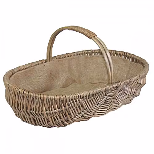 Red Hamper Wicker Shallow Antique Wash Lined Garden Trug Planter in Grey