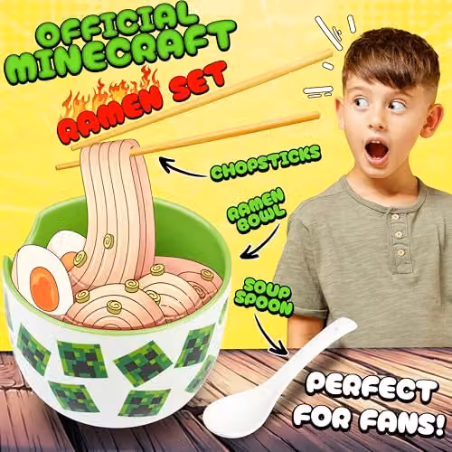 Get Trend Minecraft Ramen Bowl Set, Multicolour Ceramic Japanese Rice Noodles Bowl with Ceramic Spoon and Bamboo Chopsticks, 600ml – 2
