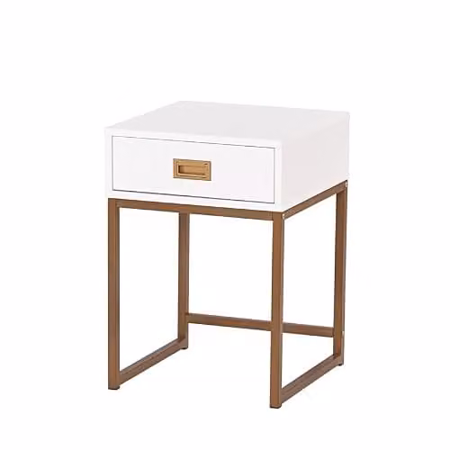 MMT Furniture Designs Moderna Bedside Table Nightstand in White and Gold, W/D/H: 40.64 x 40.64 x 45.72 cm – 1