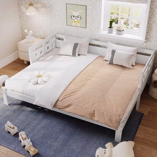 Aosom UK Heart-Shaped Wooden Daybed Frame with Pull-Out Trundle, 3FT Single Sofa Bed in White