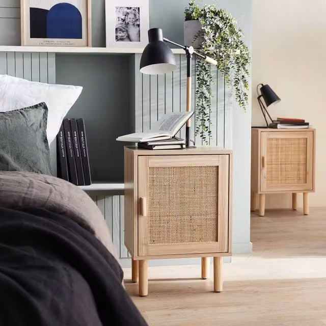 sweeek Pair of Vintage Woven Rattan and Wood Bedside Tables in Brown