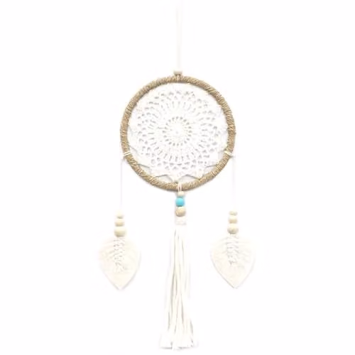 KDMD White Elemental Spirits Hanging Dream Catcher with Rattan, Textile and Wood Details – 1