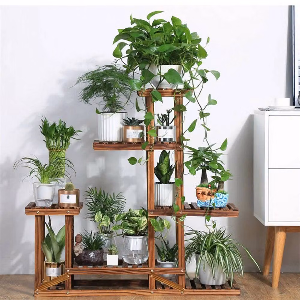 EONLION 5-Tier Solid Pine Wood Plant Stand and Flower Pot Shelf, Brown, H 95 x W 95 x D 25 cm – 3