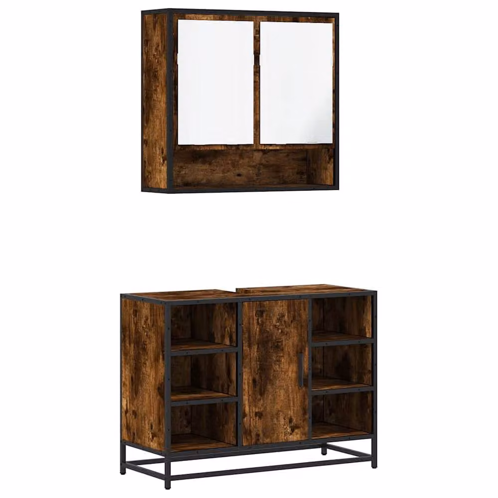 Berkfield Home 2 Piece Industrial Bathroom Furniture Set in Smoked Oak Brown featuring Vanity Unit and Mirror Cabinet – 2
