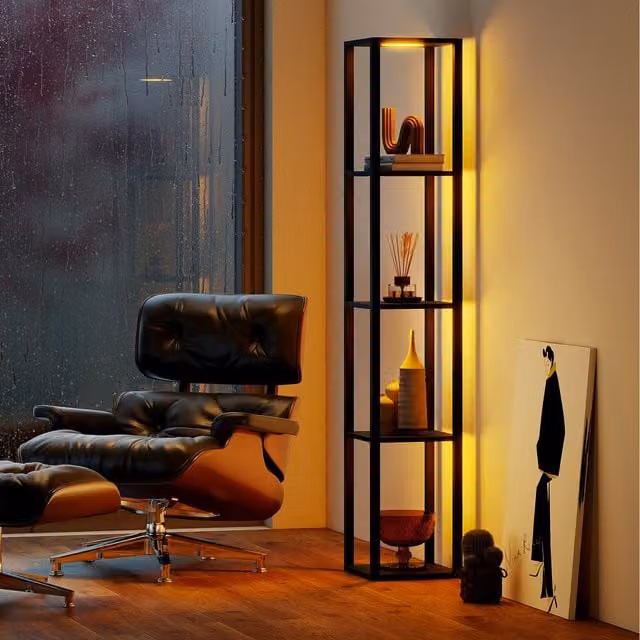 COSTWAY Modern 4-Tier LED Floor Lamp Display Rack in Black with Adjustable Dimmable Lighting