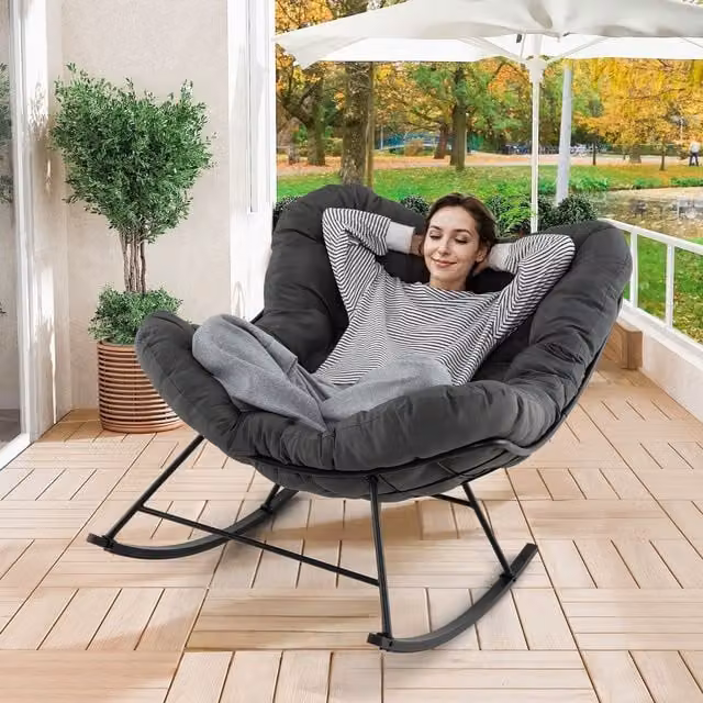 COSTWAY Oversized Egg Papasan Bowl Chair in Grey Rattan with Fabric Cushion