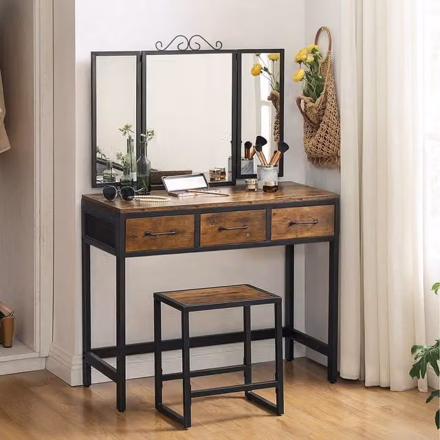 VASAGLE Vanity Table and Stool Set with Tri-Fold Mirror in Brown and Black