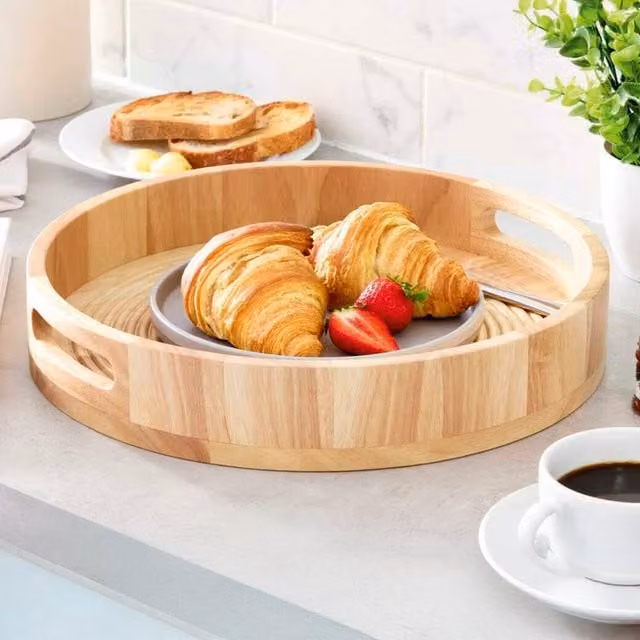Surlatable Round Striped Wood Serving Tray with Handles in Brown