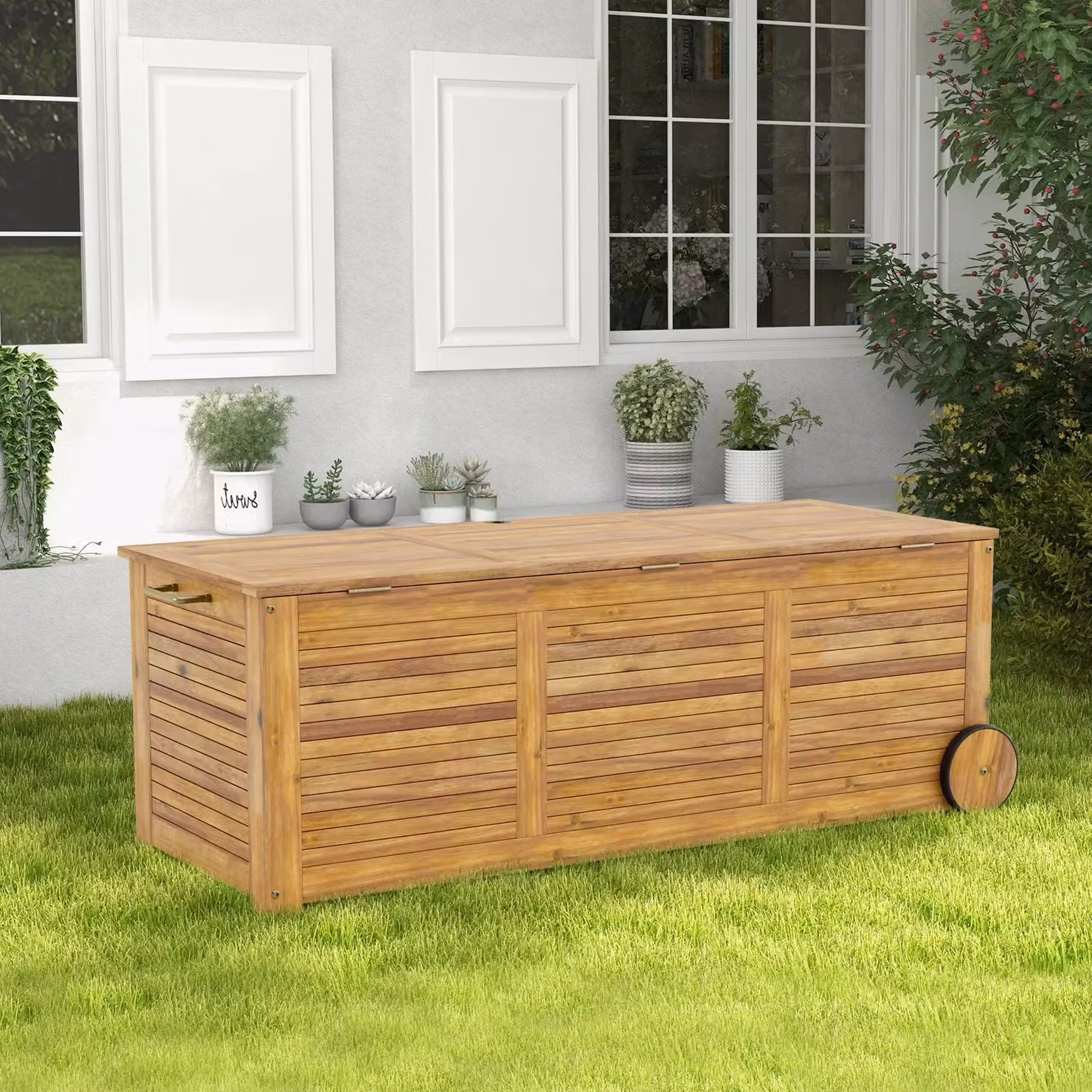 Costway 180L Acacia Wood Outdoor Storage Box with Wheels in Natural Brown – 2
