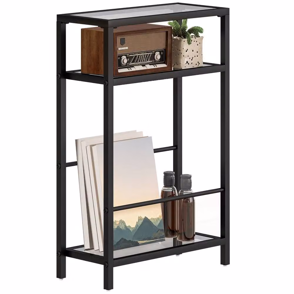 HOMCOM Modern Slim Side Table with Black Tempered Glass Tabletop – 2
