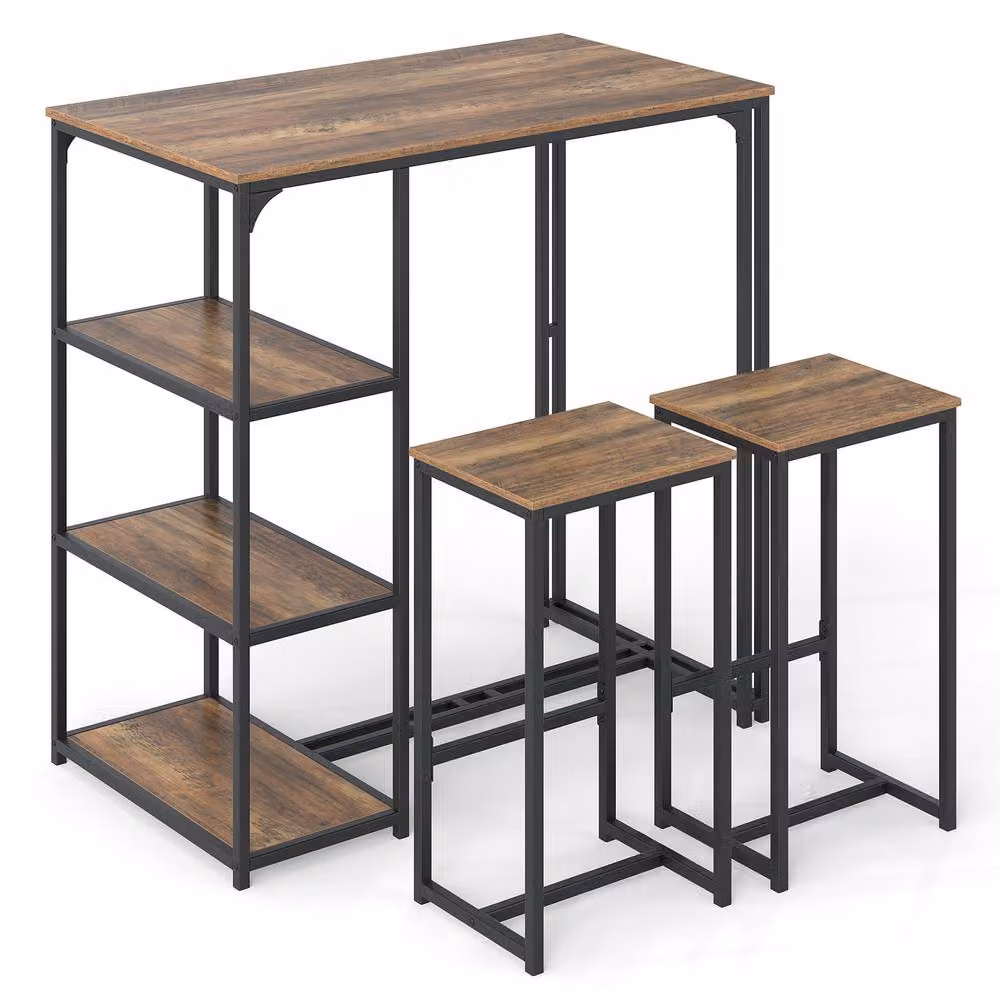 Costway 3-Piece Industrial Bar Table Set with 2 Stools in Brown – 9