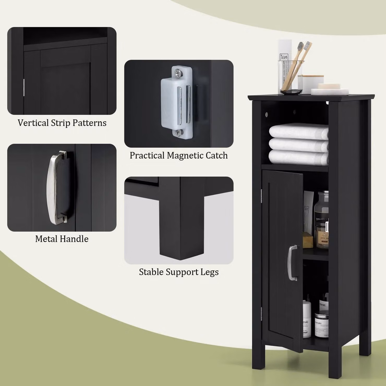 Gymax Freestanding Narrow Bathroom Floor Cabinet in Matt Black with Hinged Doors and Internal Shelves – 5