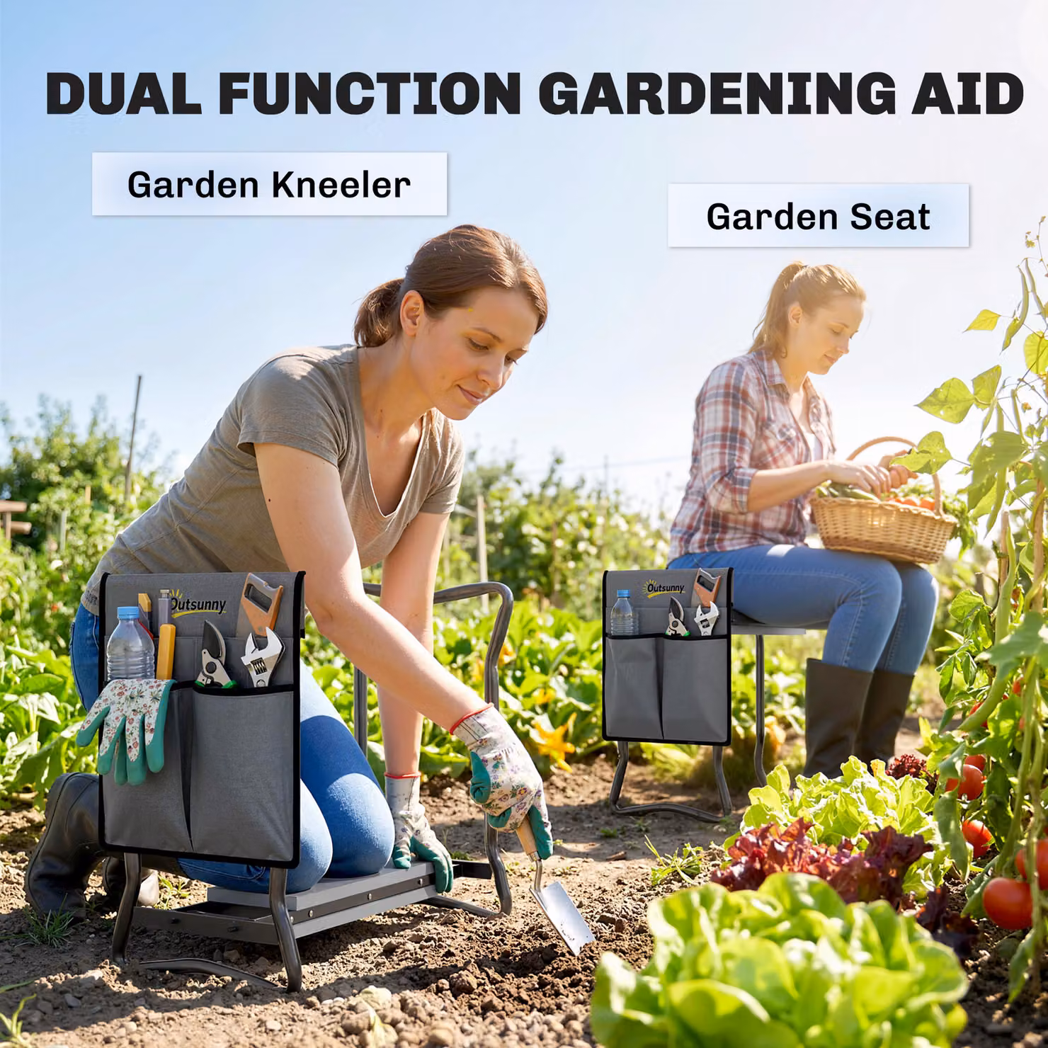 Outsunny 2 in 1 Garden Kneeler Seat and Foldable Kneeling Pad Support Bench with Tool Bag, Grey – 4