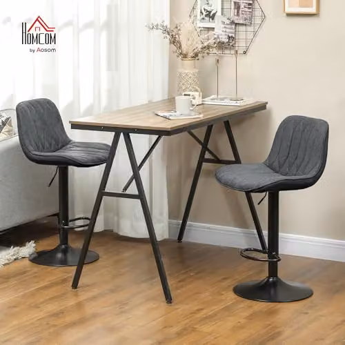 HOMCOM Set of 2 Modern Grey Fabric Bar Stools with 360 Degree Swivel and Metal Base – 2