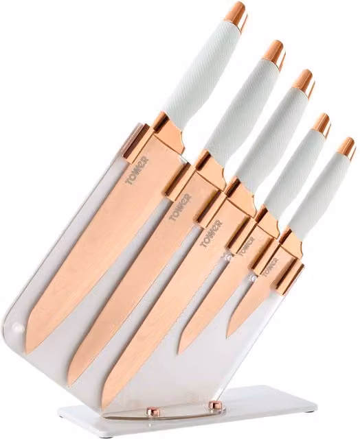 Tower 5 Piece Damascus Knife Set with Block in White and Gold