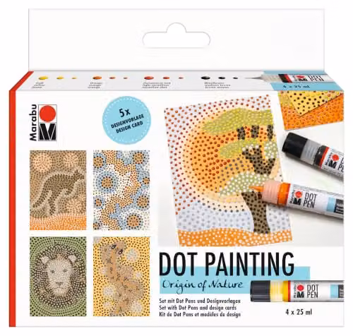 Marabu Origin of Nature Dot Pen Set, 4 x 25 ml Water-Based Dot Paint in Yellow, Orange, Brown and Multicolour for Dot Painting Technology – 1