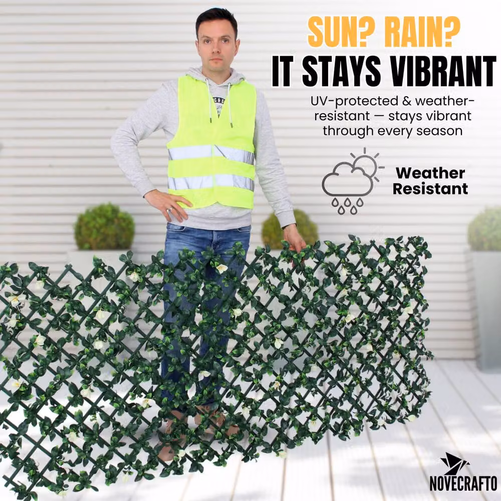 Novecrafto Expanding Artificial Hedge Privacy Trellis with Leaves and Flowers in White, Green and Purple, W: 282 cm, H: 30 cm – 4
