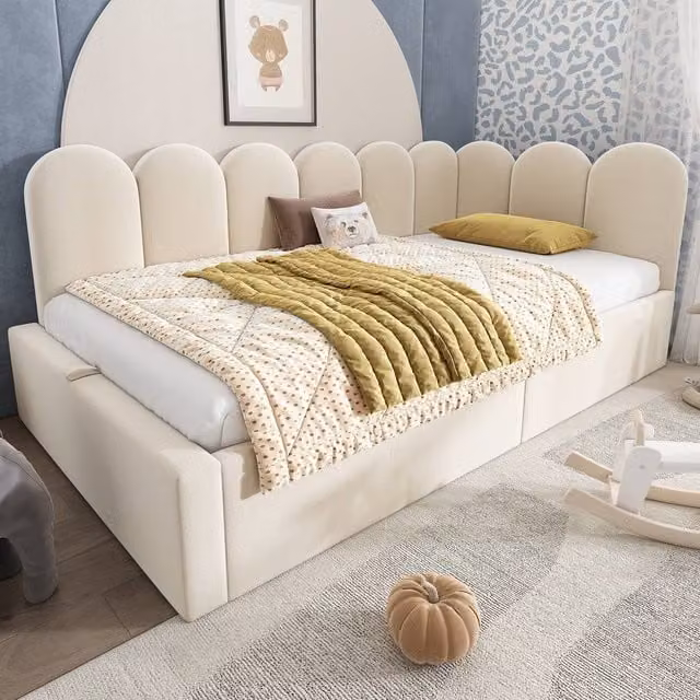 Rolipo Single Velvet Daybed with Hydraulic Storage, Beige, W: 90 cm, D: 190 cm, H: 76 cm