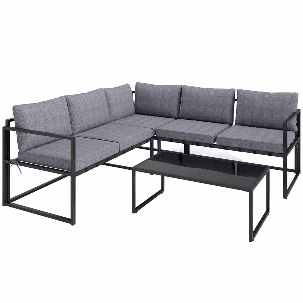 Wyld Haus Liketti 5 Seater L Shaped Garden Sofa Set with Cushions and Tempered Glass in Grey – 2