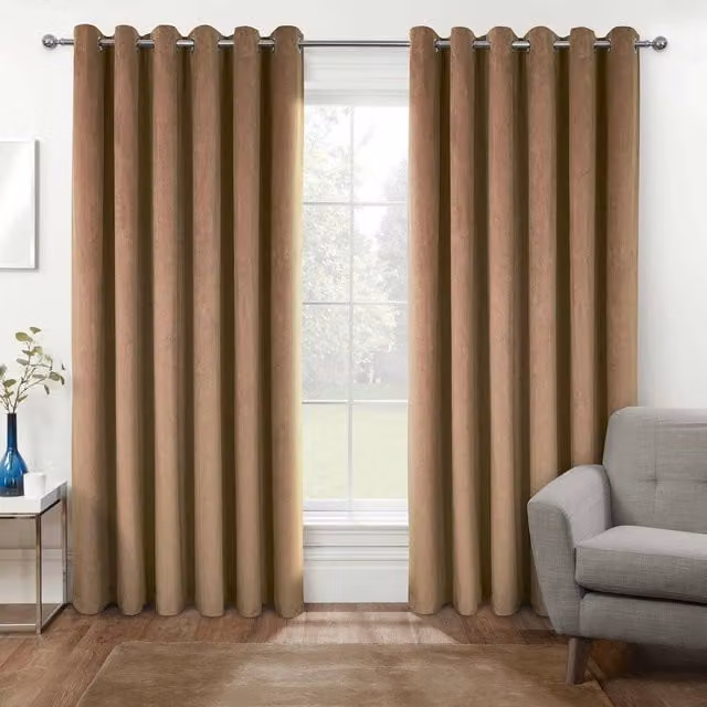 Homescapes Plain Beige Velvet Blackout and Thermal Insulating Eyelet Curtains