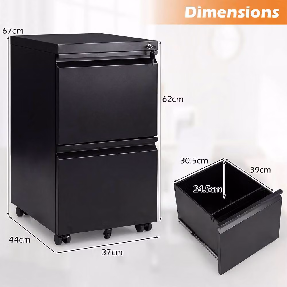 Costway 2-Drawer Mobile Metal Filing Cabinet with Lock and Casters in Black – 2