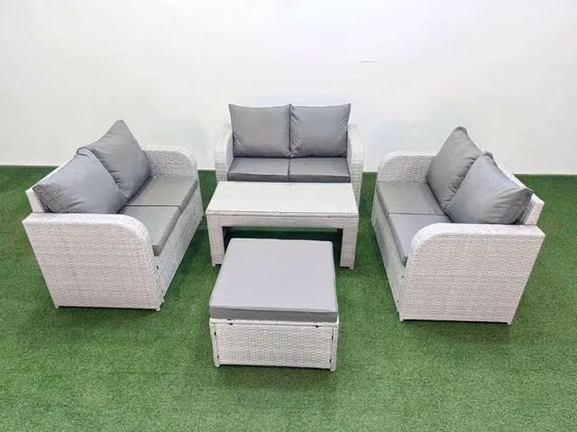 Fimous 7 Seater PE Wicker Rattan Garden Furniture Set in Light Grey with Oblong Coffee Table, 2 Seater Love Sofa and Large Footstool