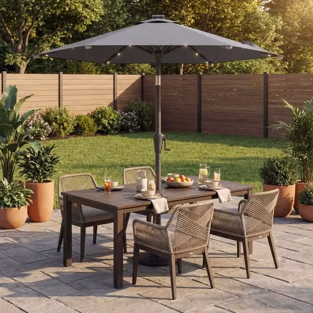 SONGMICS Grey Solar LED Outdoor Patio Umbrella with Dual-Tilt and UPF 50 Protection