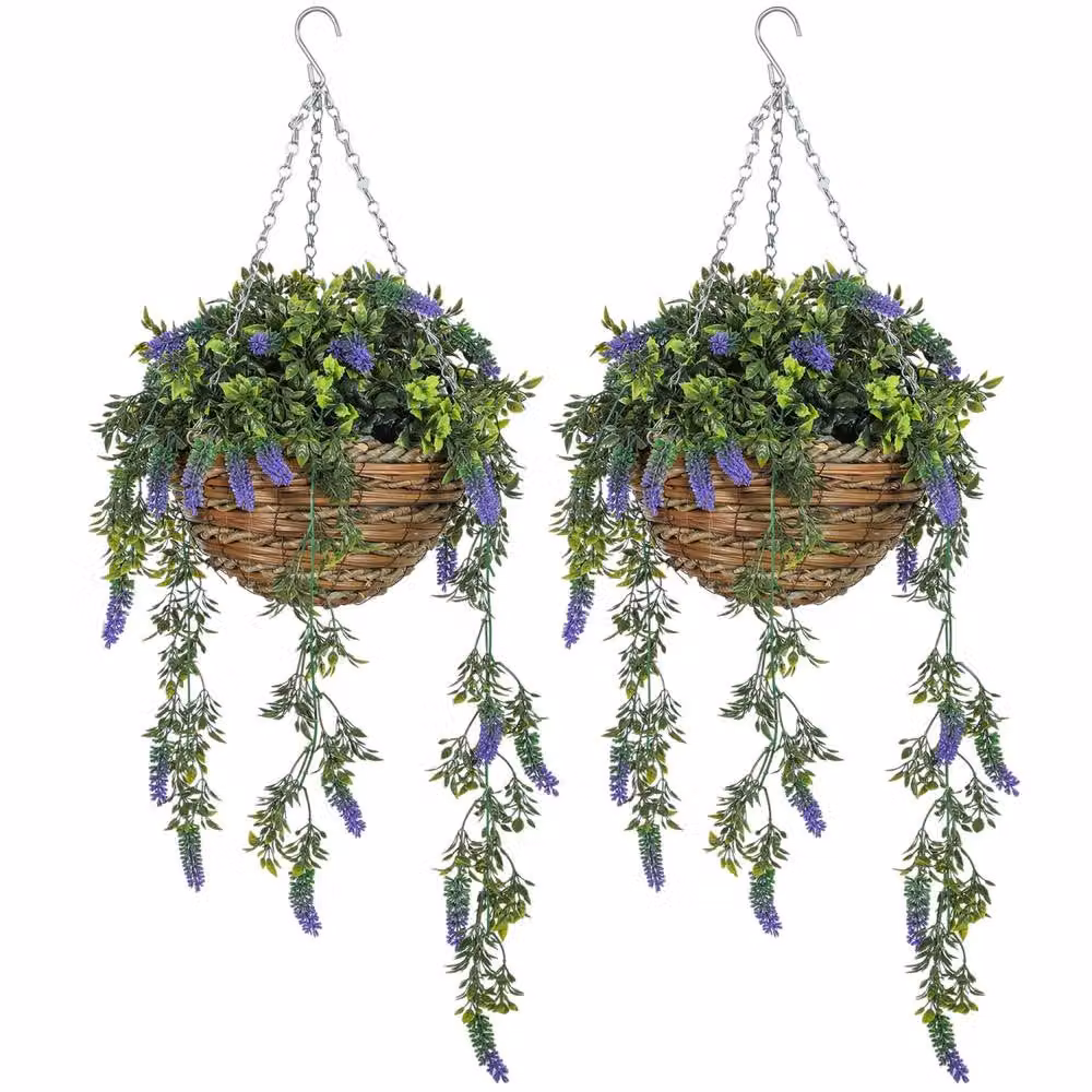 Wyld Haus Nodimo Set of 2 Artificial Purple Lavender Hanging Baskets with Silk Flowers and Green Leaves in Rattan Style Baskets – 2