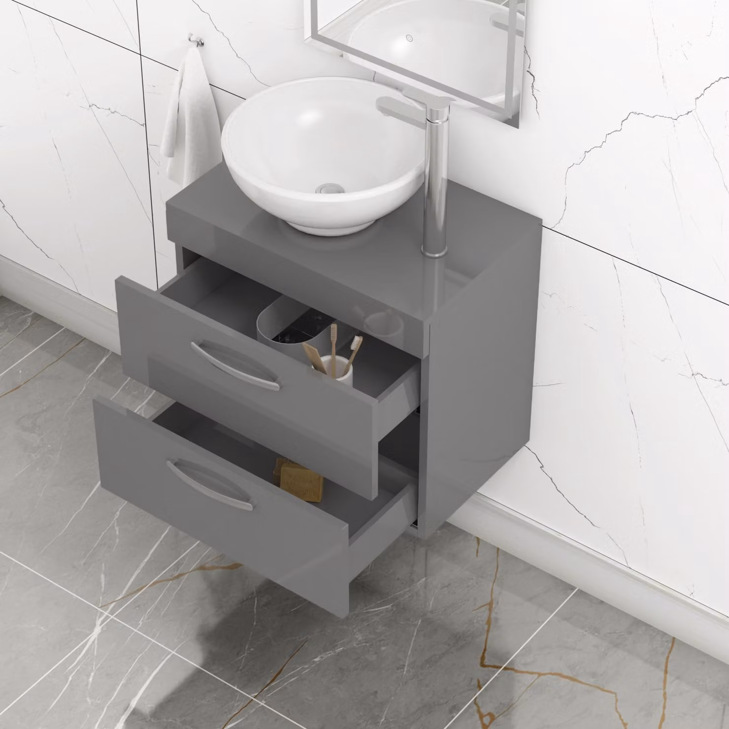 Royal Bathrooms 600mm Wall Hung Vanity Unit with 2 Drawers in Grey Gloss and Breeze Countertop Basin