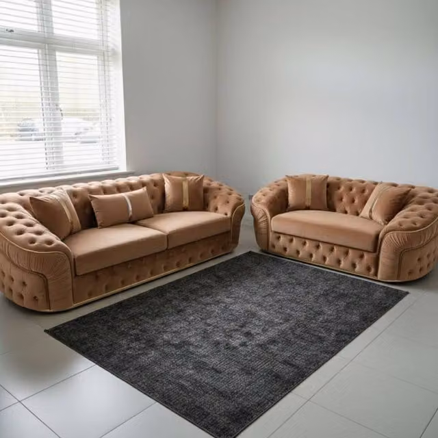 Stratus Interiors Ambassador 2+3 Sofa Set in Beige Velvet with Silver Trim – 1