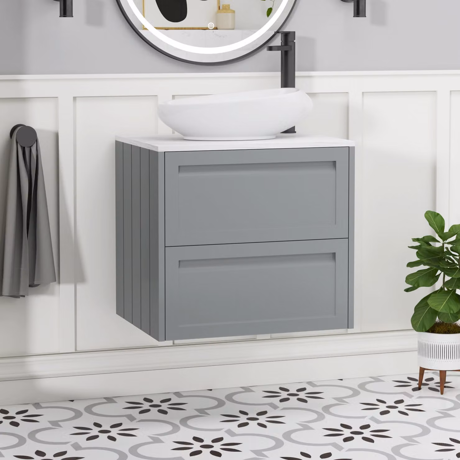 Royal Bathrooms Elmore 600mm Matt Pebble Grey Wall Hung 2 Drawer Vanity Unit with Nova Basin
