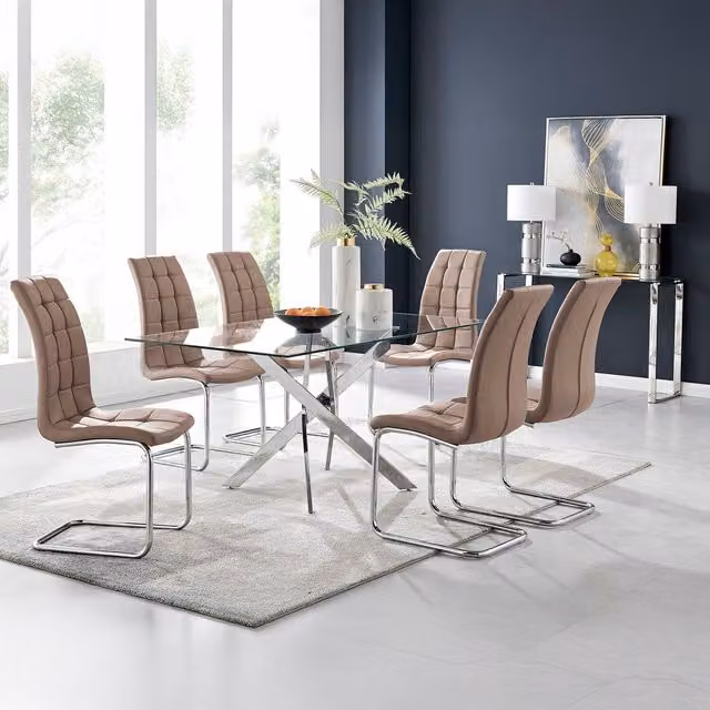 FurnitureboxUK Leonardo Glass and Chrome Metal Dining Table with Six Murano Chairs in Cappuccino