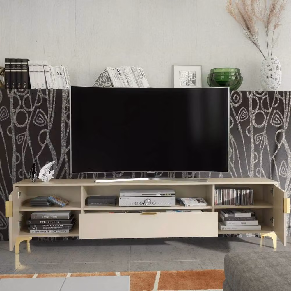FORGEVIO Modern Beige Metal TV Unit and Storage Cabinet with Media Compartments – 3