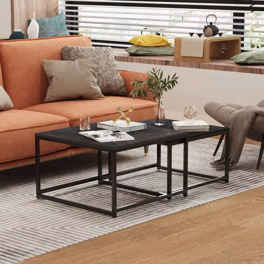 FORGEVIO Set of 2 Black Square Nesting Coffee Tables with Marble Effect Tops – 4