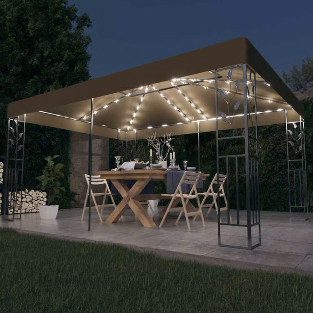 Berkfield Home Double Roof Gazebo with LED String Lights, Taupe, W: 4 m, D: 3 m – 2